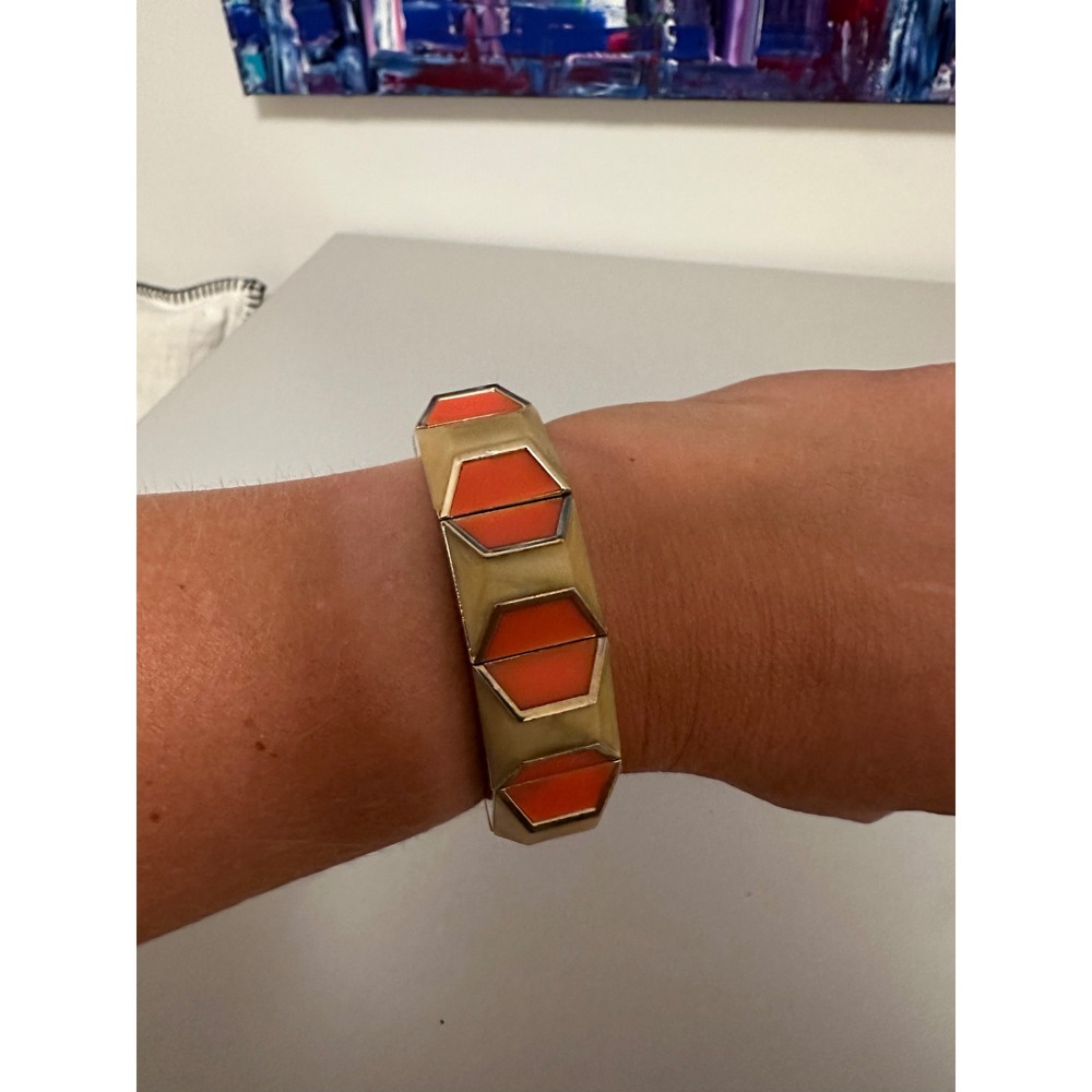Vintage Geometric Hexagon Stretch Bracelet in Orange Cream and Gold Tone